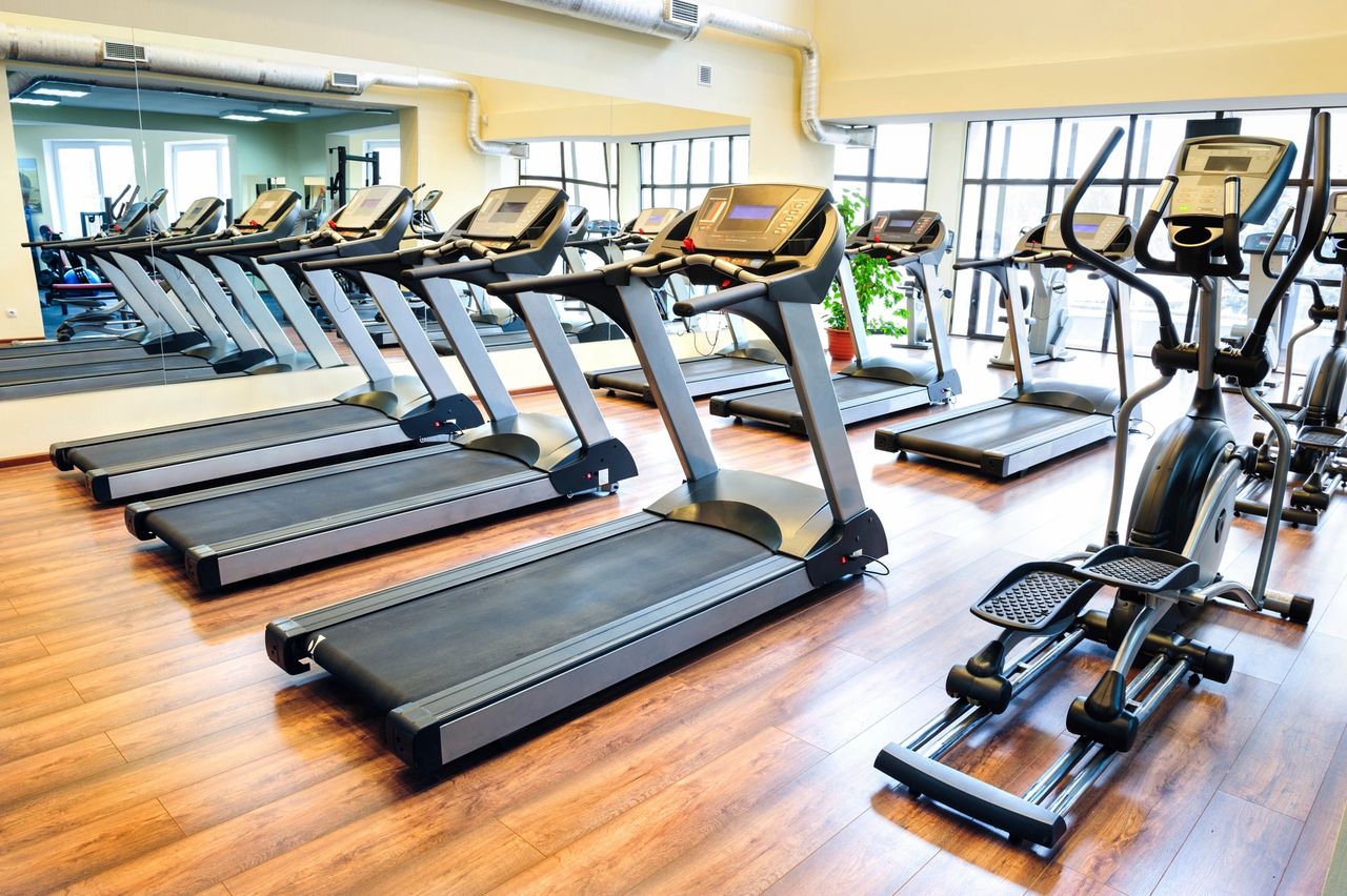Modern gym interior with treadmills, natural light, and wooden flooring